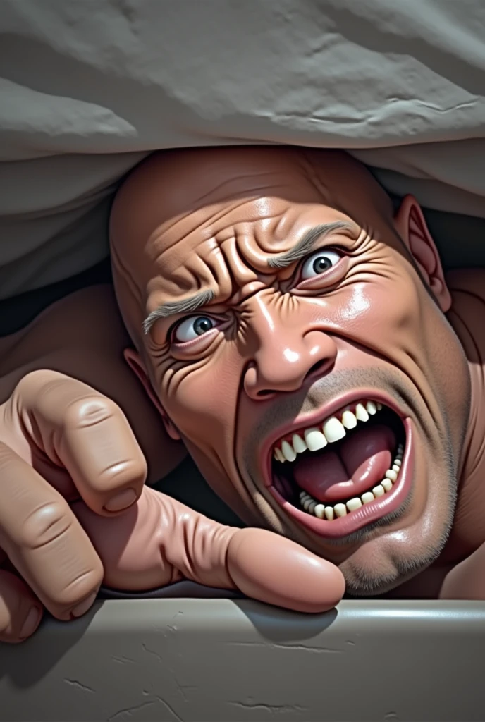 a close up of Dwayne Johnson are screaming under a bed