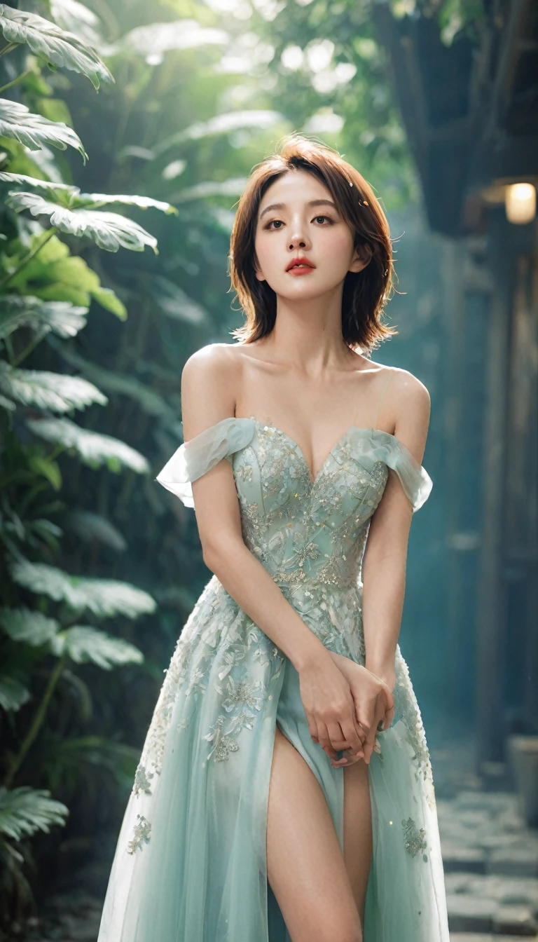 Xxmixgirl,A girl wearing evening gown, the seen of the thighs hidden under the evening gown, standing in a magical background. The girl's beauty shines,