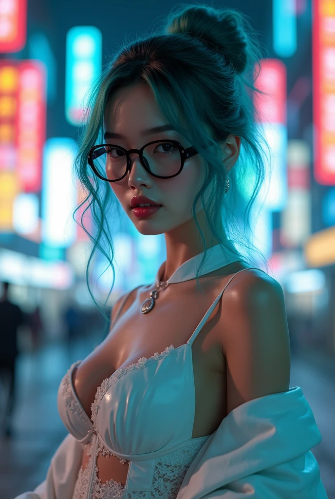 from low, A beautiful Asian woman, 2, Blue bun and wavy hair, glare eyes, she is a sensual model, She has a subtle smile and flirts with the camera, (she is on the street of a futuristic cyberpunk city at night), (she wears a black leather cyberpunk Victorian geisha outfit covering her chest:1.2), perfects eyes, glasses with thick black frames, perfect hands, perfectbody, perfect hair, perfect chest, Hair behind the ear, ultra HD, retina, work of art, precise, anatomically correcte, texturized skin, super detaill, High details, high qualiy, awardwinning, best qualityer, high resolution, 16K, 8k, cinematic lighting