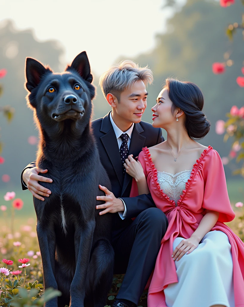 Add dog near this couple where dog is sitting beside them