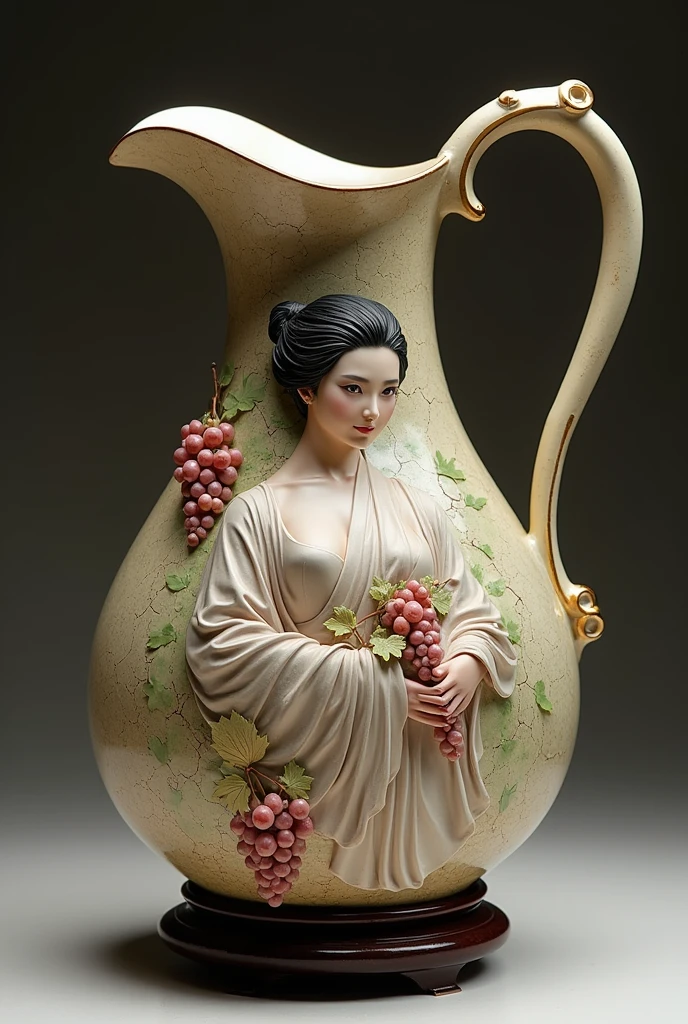 ceramic pitcher (cute woman, Yuna, flowing form clinging traditional Japanese dress among grape clusters, tasteful nudity, aged crackling in the glaze, ancient Chinese styling), on a display stand
