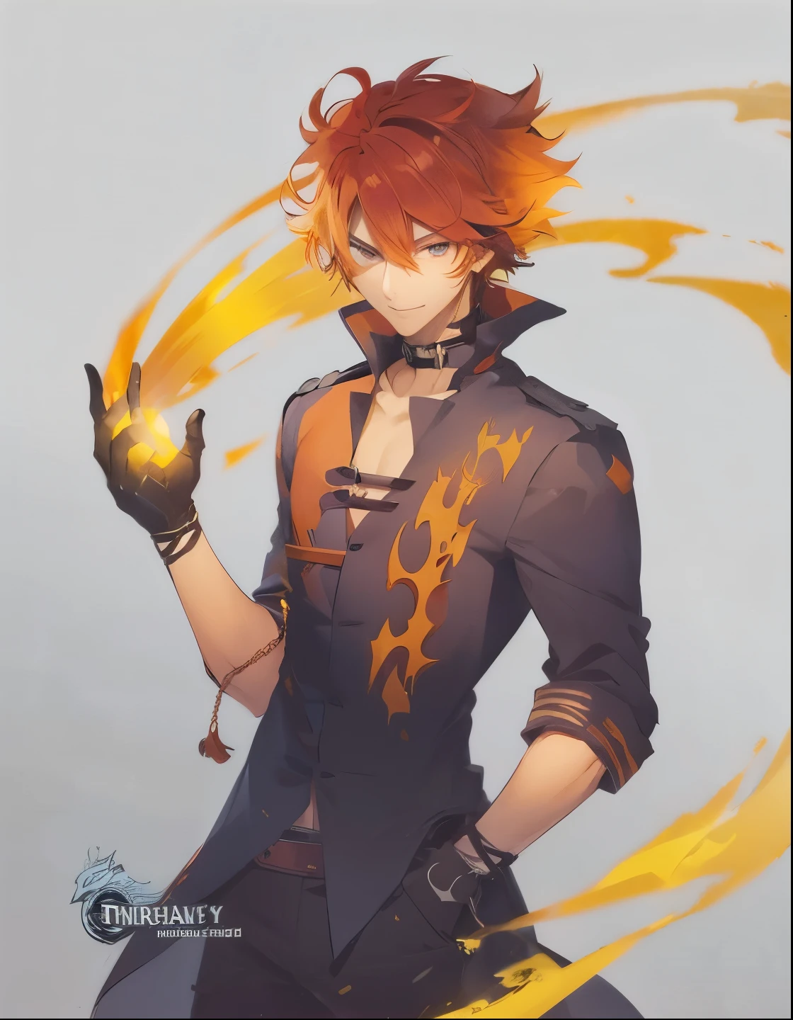 One anime guy with delinquent clothes, smilling, red hair, orange and purple eyes, fantasy