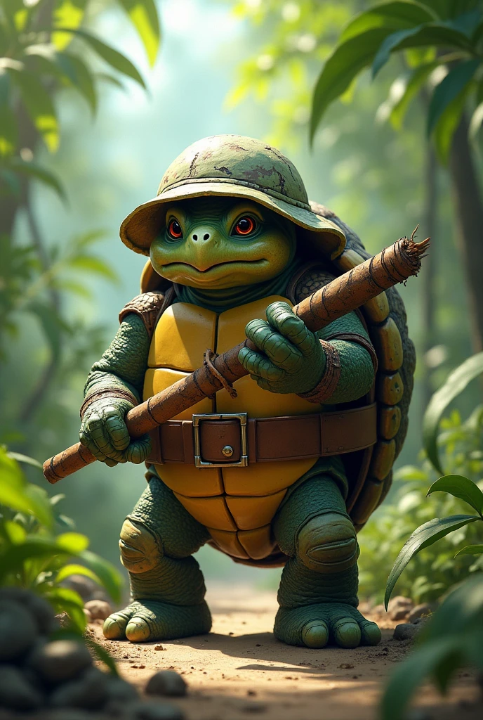 A turtle dressed as a soldier, who uses a straw as a weapon