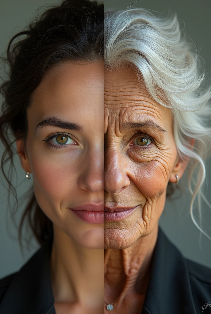 I want a photo showing how a woman looks when she is young and how the same girl looks when she is old.

When a woman is young i.e. when she is 18 and another when she is 80
 
Listen, on one side she should be looking hot sexy and on the other side wrinkles have appeared on her face and she is weak. 

