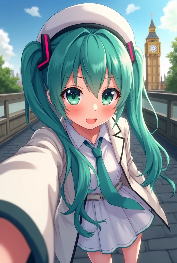 selfie pov, Hatsune Miku, braids hair, green eyes, beautifly, black pupil, sweet smile, white barret hat, white short dress, coat, glasses, 1girl, big ben in london, add_detail:1, add_detail:0, add_detail:0.5