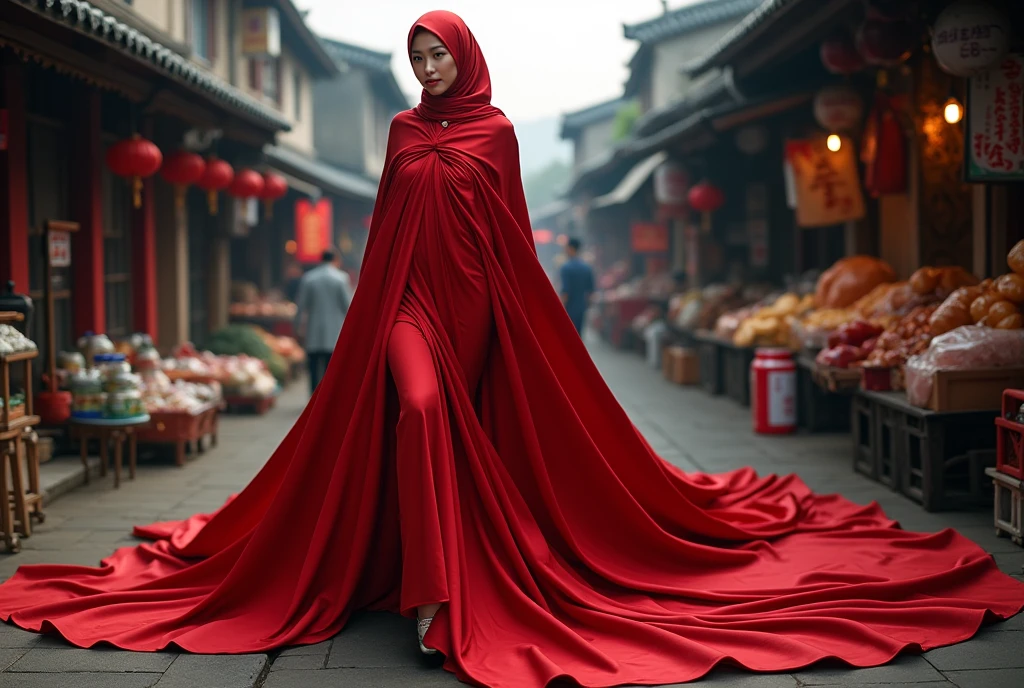 A woman shrouded in a 9-meter-long, plush red satin cloth, tightly bound and grandly draping along the form of her body, flowing off into a pooled floor-length train, styled in a mermaid-inspired outfit with ballon sleeve, her head modestly veiled in a satin hijab, tall woman, walk in wet traditional market, a full-body pose conveying a sense of elegance, captured in a 4k resolution, ultra-realistic
