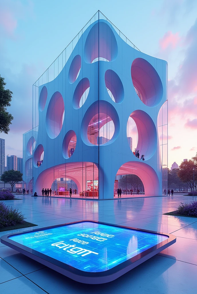 Futuristic Building Fourth dimensional building Blue and pink glass
low Complex Museum 粒子computer
SF 丸と四角 Transparent tablet advertising in front of a building Letters made of blue light computer