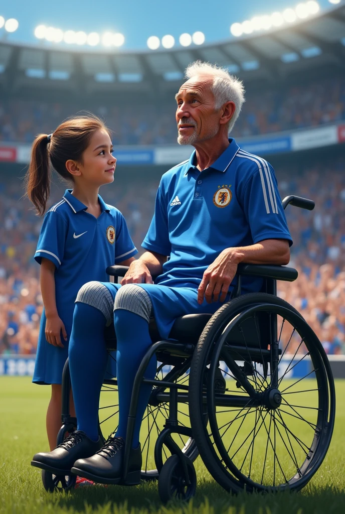 Full-body image, man, 2, thin sitting in a wheelchair, disabled, wearing a blue soccer uniform, passionate soccer fan.
Stadium background, crowd holding banners with his name, cheering, lively atmosphere.
Man with terminal cancer, happy, rooting for his soccer team, looking directly at the spectator.
Next to the man, his 1 daughter, dressed in blue, sad expression, aware of father's condition.
High definition, realistic, detailed accessories of a soccer fan