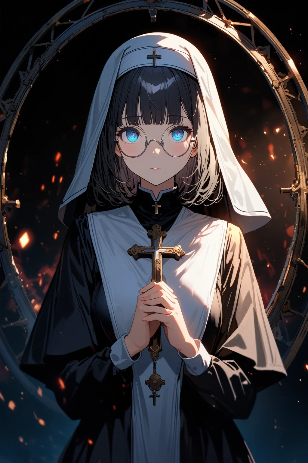 (extremely detailed fine touch:1.3), girl, solo, alone, 2.5d, (((silver semi-rimless round eyewear:1.3))), short hair, smooth hair, blunt bangs, extremely detailed eyes, Beautiful nun, Exquisite facial features,Meticulous portrayal,The eyes are sharply focused,Hands together,Beautiful cross, rim light,Glowing special effects,full body,Pure black background
