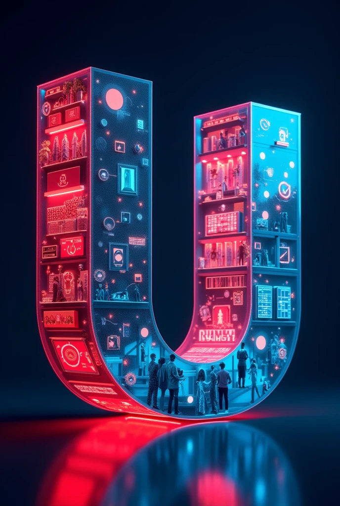 You're describing a unique visual concept where a bold letter "U" is divided into two sections. One section is filled with images related to business management, while the other is filled with images related to hotel management. The background of the image should be with red and blue neon light effect. 