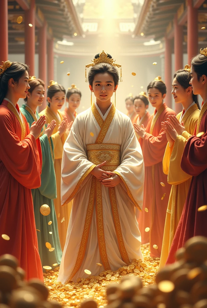 Chinese anime, A young man with a clear face and a playful style smiles., Wearing a white and gold ancient Chinese costume, resembling a god. He is the head of a large and very wealthy cult.. He stood at the front and young male disciples surrounded him.. Many of his disciples also wore ancient Chinese clothing in various colors.. colorful, Looks very rich. There are spirit grass and valuable materials for decoration.. Overflowing Money. young boy, Young man, god, full of gold coins, god, immortal, the scene is a school, the faces of the disciples are fierce, some are innocent, everyone is very happy.