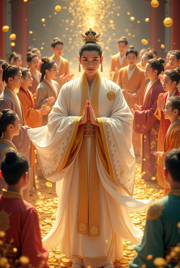 Chinese anime, A young man with a clear face and a playful style smiles., Wearing a white and gold ancient Chinese costume, resembling a god. He is the head of a large and very wealthy cult.. He stood at the front and young male disciples surrounded him.. Many of his disciples also wore ancient Chinese clothing in various colors.. colorful, Looks very rich. There are spirit grass and valuable materials for decoration.. Overflowing Money. young boy, Young man, god, full of gold coins, god, immortal, the scene is a school, the faces of the disciples are fierce, some are innocent, everyone is very happy.