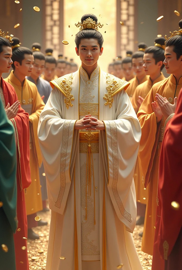 Chinese anime, A young man with a clear face and a playful style smiles., Wearing a white and gold ancient Chinese costume, resembling a god. He is the head of a large and very wealthy cult.. He stood at the front and young male disciples surrounded him.. Many of his disciples also wore ancient Chinese clothing in various colors.. colorful, Looks very rich. There are spirit grass and valuable materials for decoration.. Overflowing Money. young boy, Young man, god, full of gold coins, god, immortal, the scene is a school, the faces of the disciples are fierce, some are innocent, everyone is very happy.