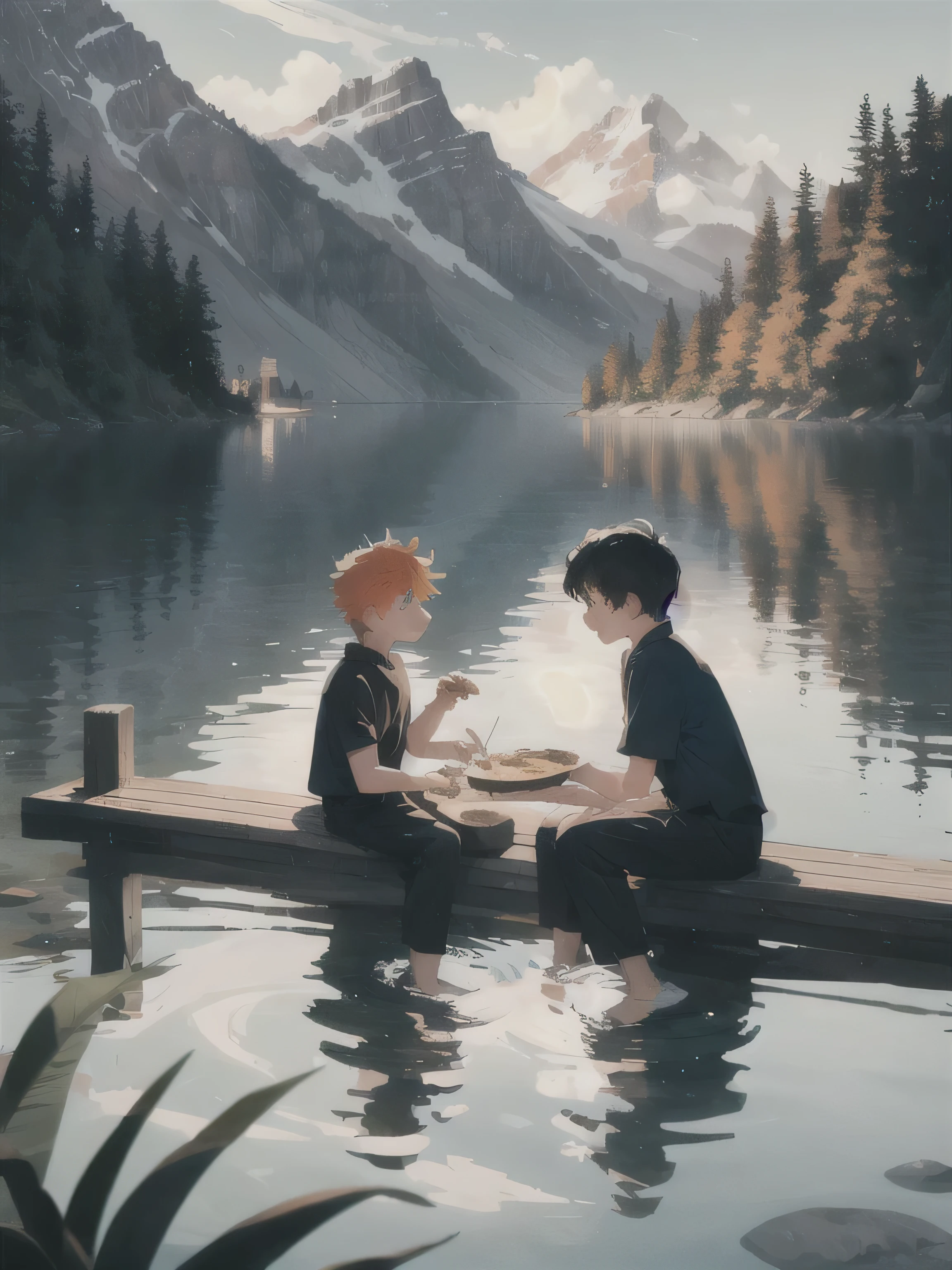 "Illustrate a peaceful lakeside scene where two young boys, Jason and Caldor, are sitting beside a small campfire, enjoying a meal of freshly caught fish. The setting is the tranquil Lake Goldbreach, surrounded by towering mountains and a dense, colorful forest. The firelight casts a warm glow over the boys as they sit on smooth, oval rocks near the water's edge. Jason, with a satisfied smile, black haired and wearing white shirt, tends to the cooking fish skewered on sticks over the fire, while Caldor, an orange-haired boy, wearing blue medieval shirt with a lively expression, eagerly digs into his portion, clearly enjoying the meal. The lake's calm, crystal-clear waters reflect the surrounding landscape, adding to the serene atmosphere. The scene captures the camaraderie and budding friendship between the boys as they share stories, laugh, and bond over their shared love of adventure, set against the breathtaking backdrop of the lake and forest."