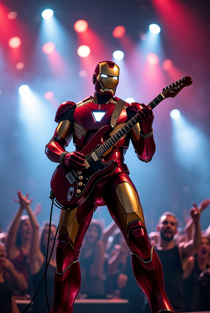 (masterpiece: 1.3), (8K, Photorealistic, Raw Photo, Best Quality: 1.4), A series of dynamic concert shots of Ironman playing an electric guitar on a rock stage, surrounded by dramatic lighting effects, with a crowd cheering in the background, various camera angles including low angle full body shot, high angle medium shot, and dutch angle close-up, during a night performance with vibrant stage lights, shot with a Sony A7R IV, 50mm f/1.4 lens, vivid colors