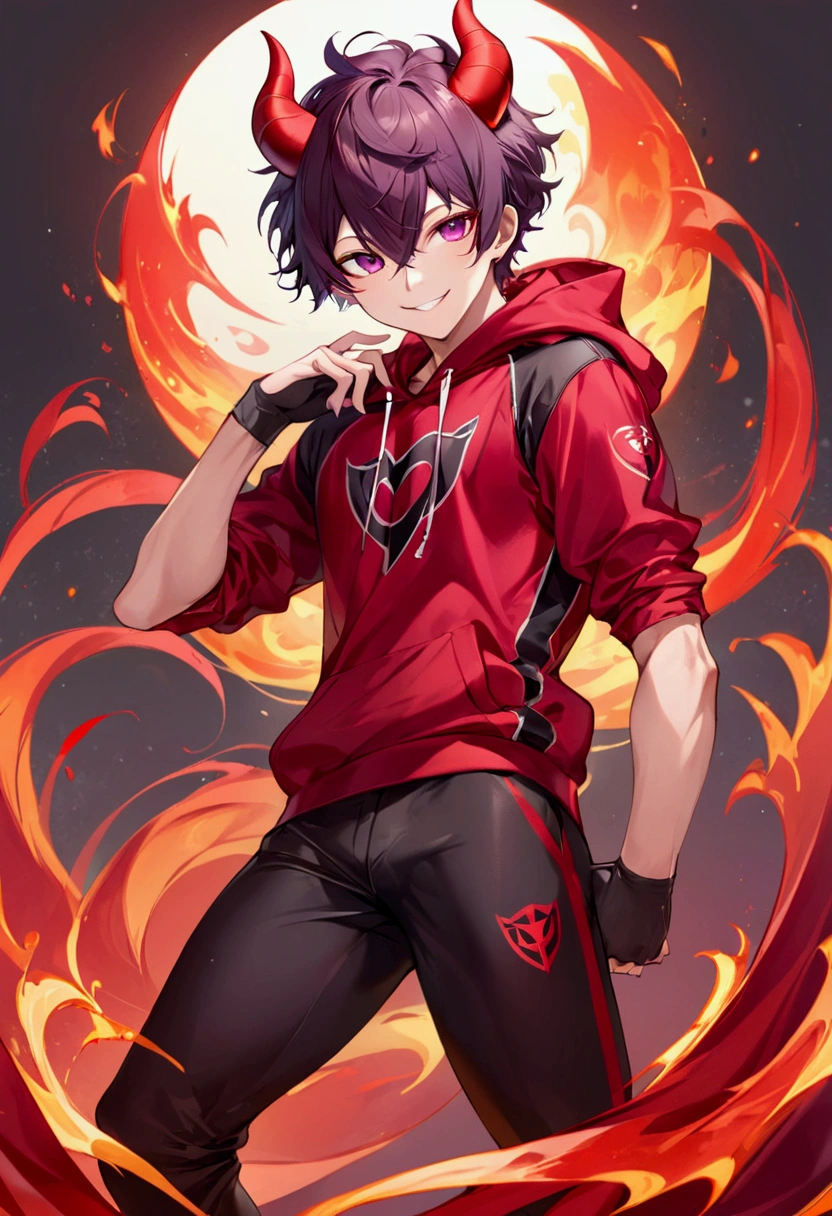 Wolf skin(Red color y negro), Red Devil'cola, adolescent(athletic), tight clothes(black), masculine(adolescent), ram horns(Red color),alone (Posing), Violet Wolf Eyes, smile(saca la lengua mientras smile).