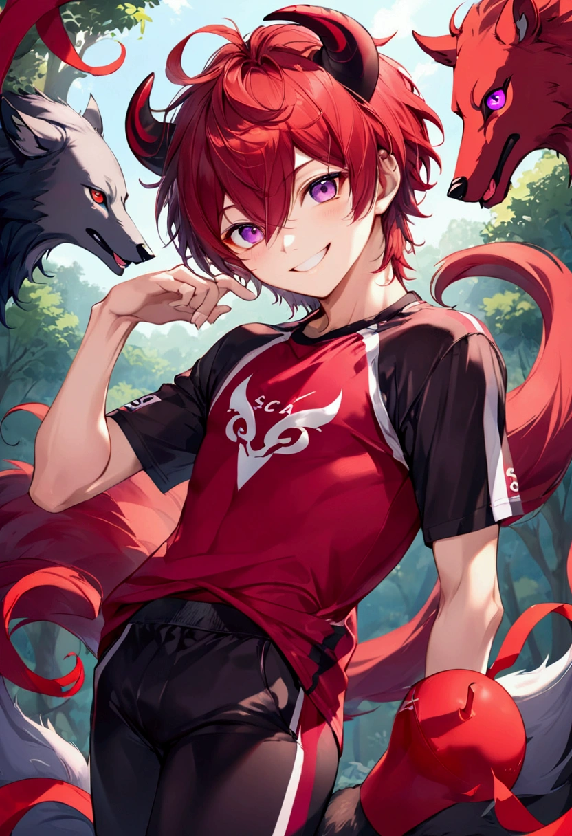 Wolf skin(Red color y negro), Red Devil&#39;cola, adolescent(athletic), tight clothes(black), masculine(adolescent), ram horns(Red color),alone (Posing), Violet Wolf Eyes, smile(saca la lengua mientras smile).