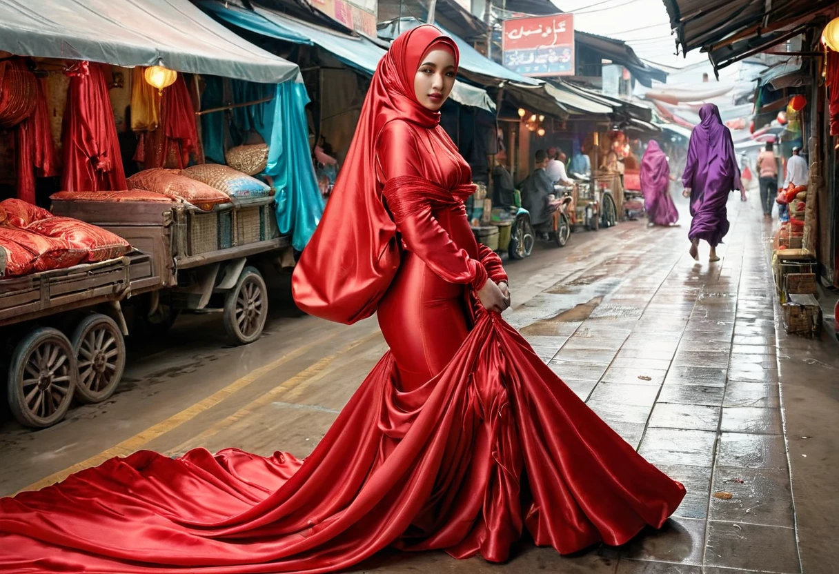 A woman shrouded in a 9-meter-long, plush red satin cloth, tightly bound and grandly draping along the form of her body, flowing off into a pooled floor-length train, styled in a mermaid-inspired outfit with ballon sleeve, her head modestly veiled in a satin hijab, tall woman, walk in wet traditional market, a full-body pose conveying a sense of elegance, captured in a 4k resolution, ultra-realistic