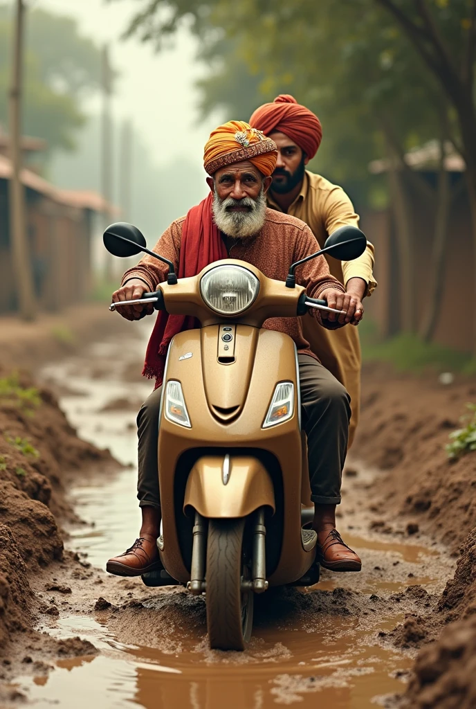 Ek uncle hai jinka scooter kichad mein fas Gaya hai unki help ladka Karta hai piche se vah dhakka de raha hai jismein shaadi ki sherwani pahani hai aur sar per sehra lagaya hai back images