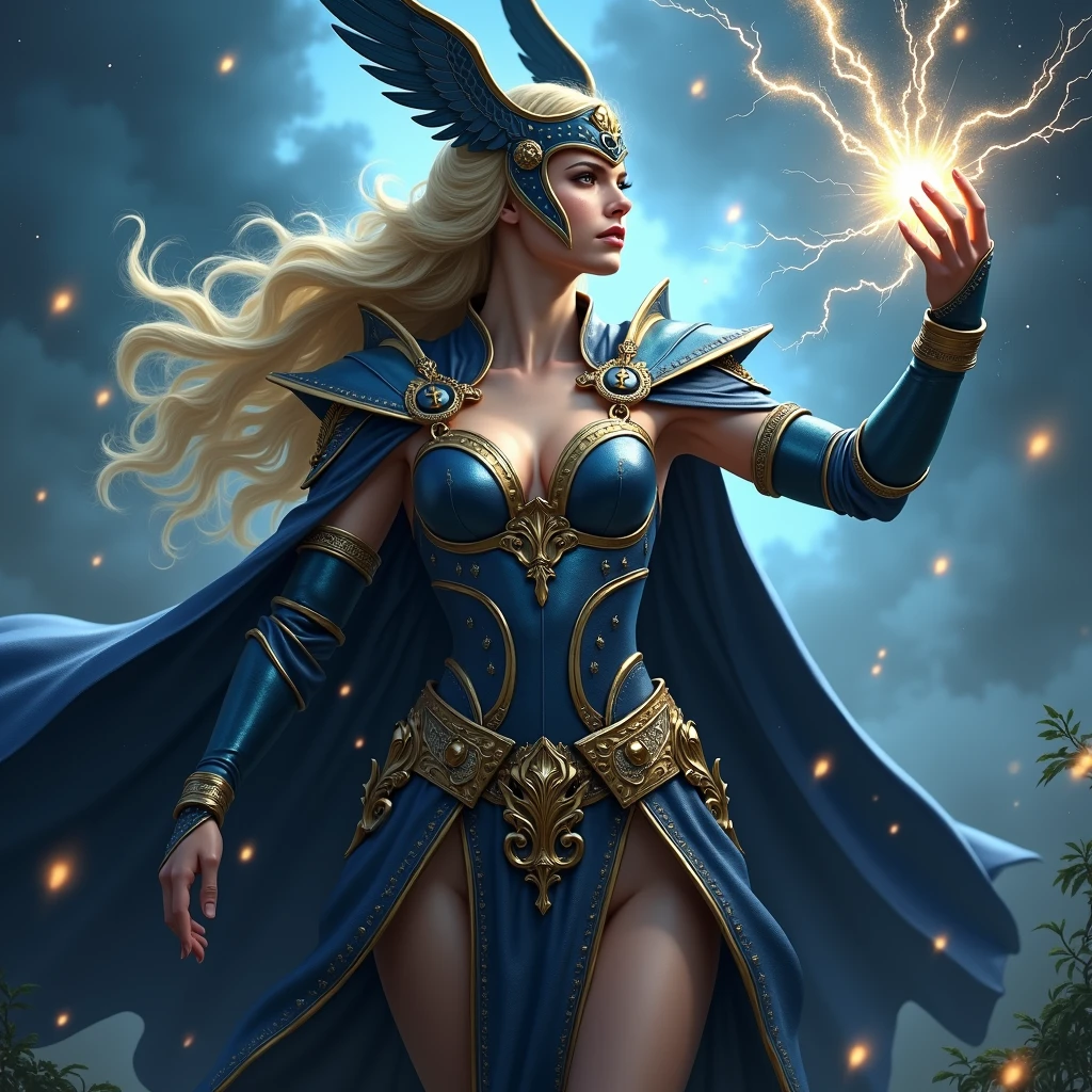 blonde haired norse goddess wearing a helmet that covers her entire head, shiny dark blue armor with gold trim, armored Gauntlet. cape with star-field. Cleavage, deep v-neck. She has a stern expression. Winged helmet. Posed with arm raised Shooting lightning from hand.(detailed eyes, detailed face)