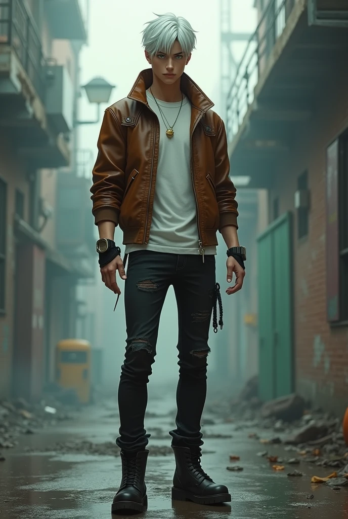 Kizi, pele caucasiana, 20 years old, White hair, wearing black jeans, wearing black boots, white short t-shirt, with brown aviator jacket, green eyes, guy, upper body, cyberpunk atmosphere, Raby, アニメ,