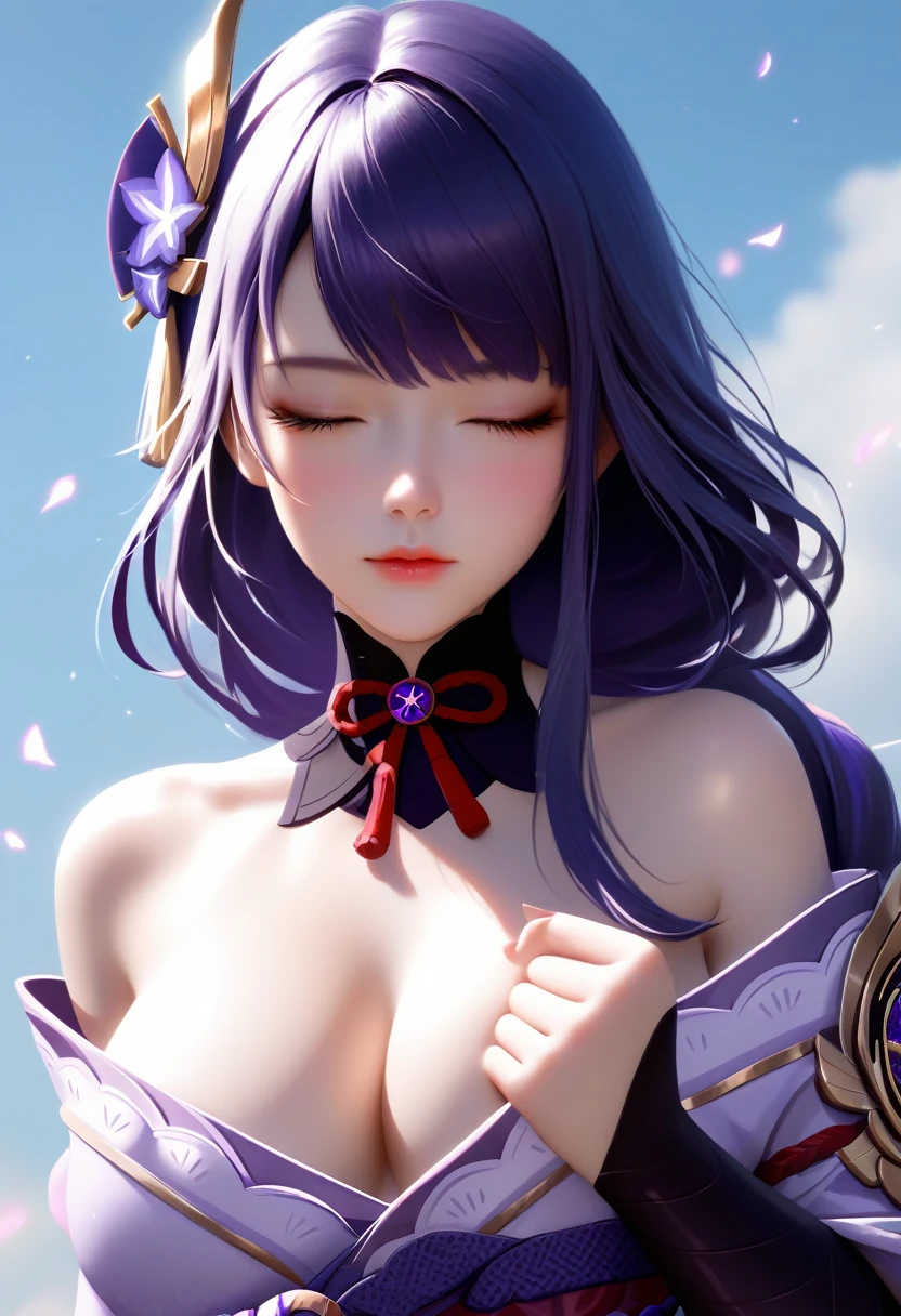 1girl ,score_9, score_8_superior, score_7_superior, High-resolution images,masterpiece,Highest quality,girl,Cute Face,,Poke out your lips, large breast ,Beautiful Skin,_Shogun_Genshin Impact, Purple long hair,Both eyes closed,Slouching,hold out both hands to the viewer,Put your hands out in front of you