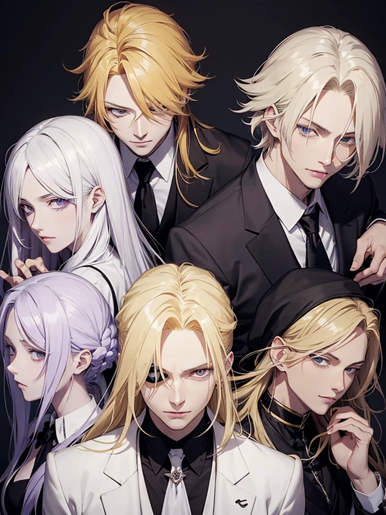 Hair yellow, Anime style image of a man with long blonde hair wearing a black suit and white shirt, purple eye, a character portrait inspired by Yamagata Hiro, pixiv, what is?, pat pat anime, delicate androgynous prince, black skin, smile, black skin, black face, guapo drow, beautiful androgynous prince, Johan Liebert mixed with Alucard, handsome boy with eye patch, handsome anime man, kiss me, kiss, excited, Cabello gris, Cabello plateado, Sonrisa, Lágrimas, Lengua fuera, Llorando, Jitome, Sonrisa seductora, 