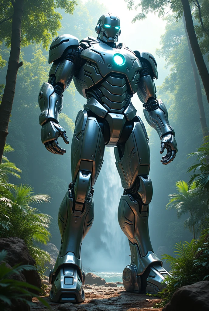 best qualityer,work of art,realisitic,sky,natta,1 girl, Chrome wick_robô like ironman, giant,relic scenes,rainforest background,cyber punk,water,(neon lights:0.7),rim lighting,transformers style