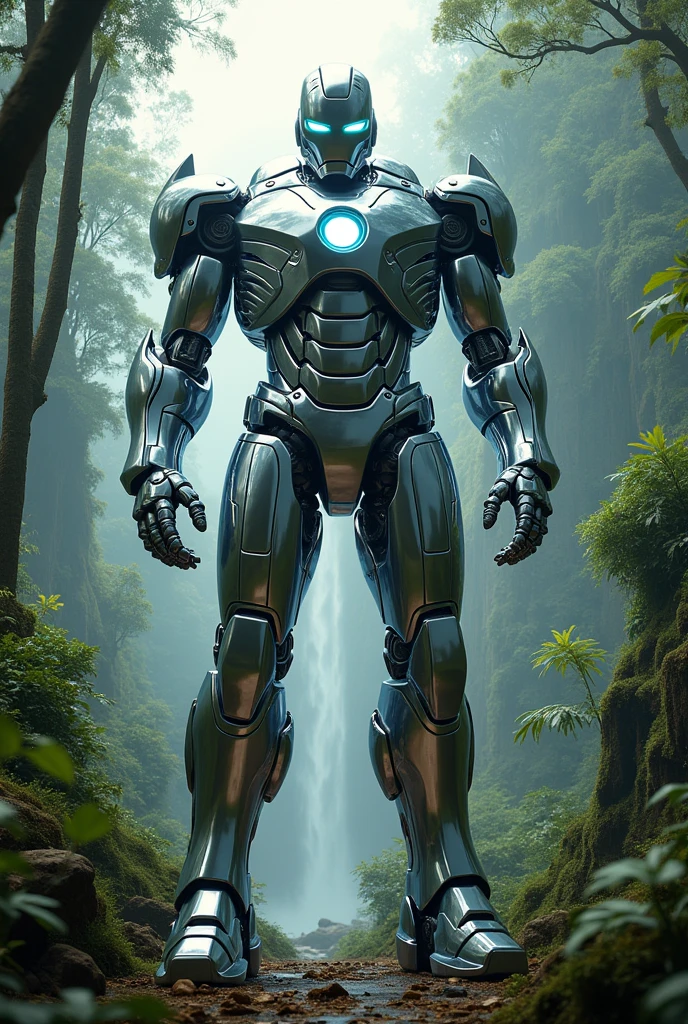 best qualityer,work of art,realisitic,sky,natta,1 girl, Chrome wick_robô like ironman, giant,relic scenes,rainforest background,cyber punk,water,(neon lights:0.7),rim lighting,transformers style