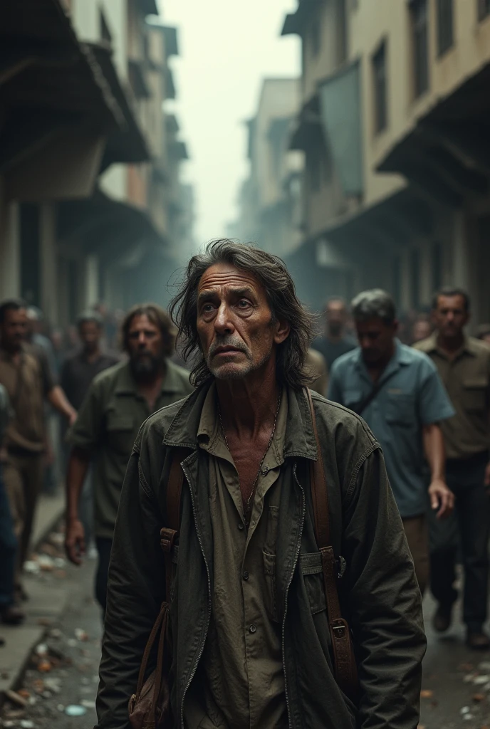 A shocking image of an exhausted young man, wrinkled, old clothing, is in desperation seeking success, looking forward, expression frustrated by seeking success and not achieving it, at the end of the other side of the street, sexy women on the lap of successful men.
