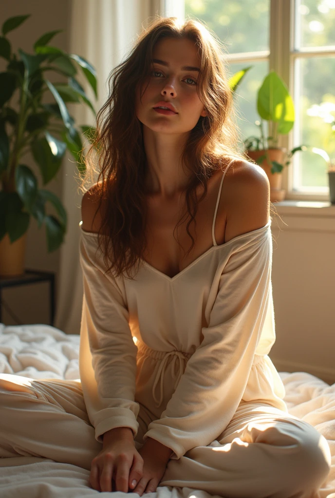 (photorealism:1.2), beautiful woman, sitting on bed, wearing loose off-shoulder top, pajama pants, long curly hair, indoors, soft lighting, plants in background, window with sunlight, cozy room, relaxed pose, realistic, intricate details, warm colors, by Greg Rutkowski, by Alphonse Mucha
