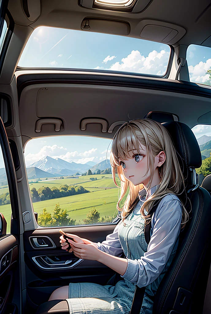A young woman driving a car on a sunny day, leaning slightly towards the open passenger window, looking outside with a curious expression. She has long, flowing hair gently blowing in the wind. The car interior is modern, with a soft, warm light filling the space. Outside the window, a scenic view of a countryside road can be seen, with trees and distant mountains. The overall mood is peaceful and contemplative, capturing a moment of quiet reflection during a road trip, A young woman driving a car on a sunny day, leaning slightly towards the open passenger window, looking outside with a curious expression. She has long, flowing hair gently blowing in the wind. The car interior is modern, with a soft, warm light filling the space. Outside the window, a scenic view of a countryside road can be seen, with trees and distant mountains. The overall mood is peaceful and contemplative, capturing a moment of quiet reflection during a road trip