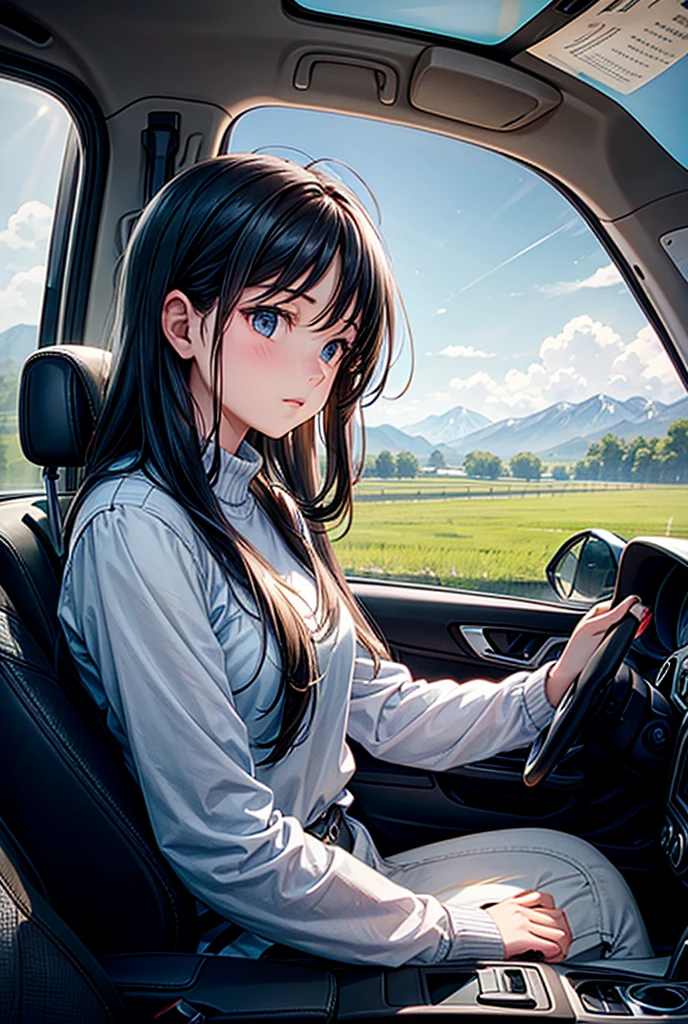 A young woman driving a car on a sunny day, leaning slightly towards the open passenger window, looking outside with a curious expression. She has long, flowing hair gently blowing in the wind. The car interior is modern, with a soft, warm light filling the space. Outside the window, a scenic view of a countryside road can be seen, with trees and distant mountains. The overall mood is peaceful and contemplative, capturing a moment of quiet reflection during a road trip, A young woman driving a car on a sunny day, leaning slightly towards the open passenger window, looking outside with a curious expression. She has long, flowing hair gently blowing in the wind. The car interior is modern, with a soft, warm light filling the space. Outside the window, a scenic view of a countryside road can be seen, with trees and distant mountains. The overall mood is peaceful and contemplative, capturing a moment of quiet reflection during a road trip