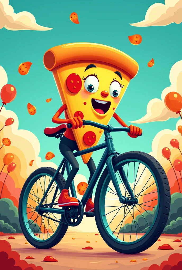 Fixgear bike with a pizza riding it cartoons style
