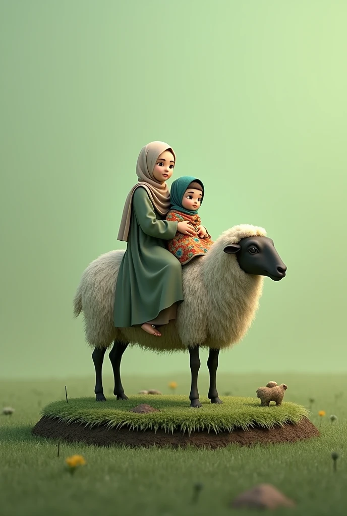 (photorealism:1.2), parents and  in Muslim clothing riding a sheep. backgourd transparan. green nuance. Sheep standing on a grass circle with soil visible at the edges
