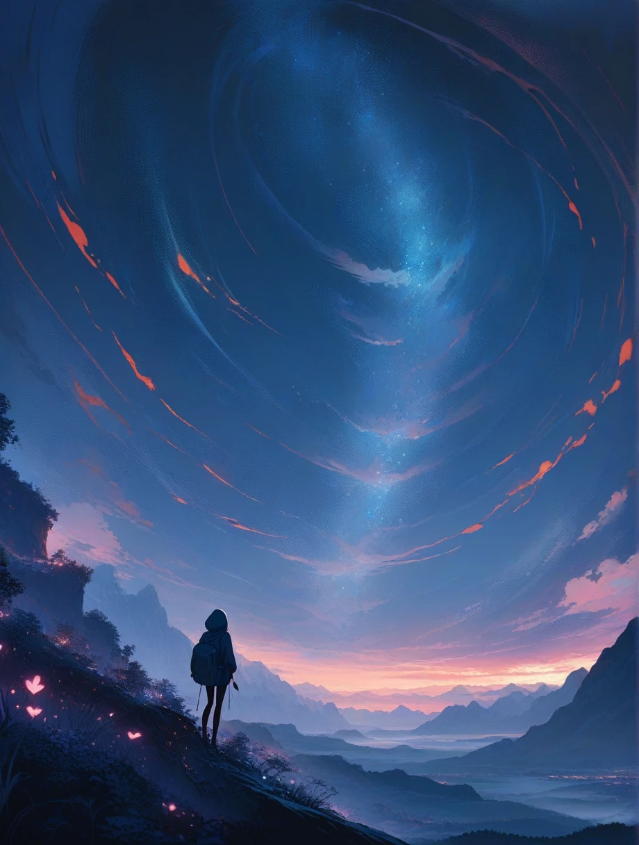 score_9, score_8_up, score_7_up, score_anime, masterpiece, top quality, delicate illustration, sharp lines, sharp focus, BREAK,Traveler girl wandering in the endless night world,girl wearing a hood,backpack full of stuff,night Otherworldly, Fantastic scenery, Beautiful landscape, Harmony with nature, Spectacular view, ((dark)), Scenery that no one has ever seen before