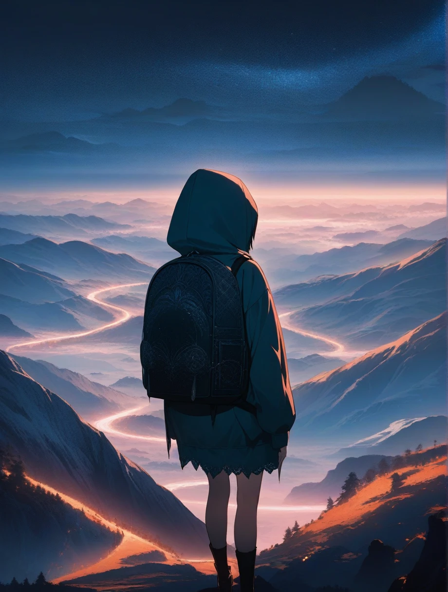 score_9, score_8_up, score_7_up, score_anime, masterpiece, top quality, delicate illustration, sharp lines, sharp focus, BREAK,Traveler girl wandering in the endless night world,girl wearing a hood,backpack full of stuff,night Otherworldly, Fantastic scenery, Beautiful landscape, Harmony with nature, Spectacular view, ((dark)), Scenery that no one has ever seen before