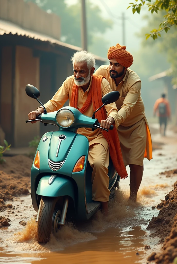 Ek uncle hai jinka scooter kichad mein fas Gaya hai unki help ladka Karta hai piche se vah dhakka de raha hai jismein shaadi ki sherwani pahani hai aur sar per sehra lagaya hai back images