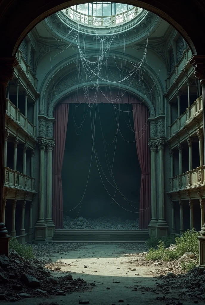 An abandoned theatre with spider webs and in a very precarious and striking state