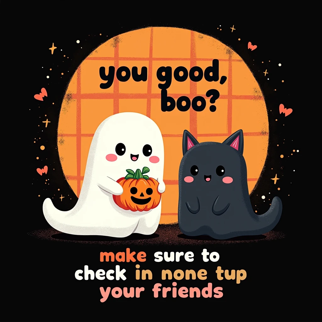 black background,whimsical,playful illustration featuring two kawaii cartoon characters, a ghost boo and a black cat dress as a ghost, with friendly expressions.the ghost holding a pumpkin shaped basket Position the phrase 'YOU GOOD, BOO?' in bubble-like font with a hand-drawn at the top, using gardient bright orange with yellow. Below the characters, include text 'Make sure to check in on your friends' in a smaller, straightforward font in mix white,orange,beige,purple. Add an orange checkered pattern behind the characters to add a retro vibe, set against a black background to make the colors and characters pop. Ensure the overall design is light-hearted yet impactful, balancing the Halloween theme with a gentle mental health awareness message