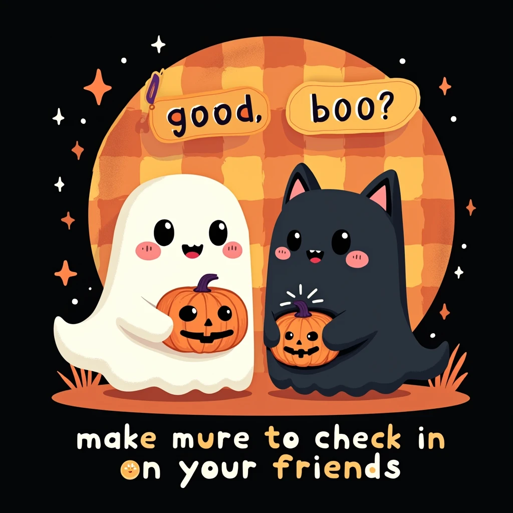 black background,whimsical,playful illustration featuring two kawaii cartoon characters, a ghost boo and a black cat dress as a ghost, with friendly expressions.the ghost holding a pumpkin shaped basket Position the phrase 'YOU GOOD, BOO?' in bubble-like font with a hand-drawn at the top, using gardient bright orange with yellow. Below the characters, include text 'Make sure to check in on your friends' in a smaller, straightforward font in mix white,orange,beige,purple. Add an orange checkered pattern behind the characters to add a retro vibe, set against a black background to make the colors and characters pop. Ensure the overall design is light-hearted yet impactful, balancing the Halloween theme with a gentle mental health awareness message