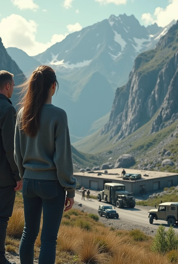 Two scientists, a woman with loose hair and a man. They are on a mountain overlooking a secret base . With three guards outside and three military vehicles parked. And a mountainous background can be seen. Que la mujer tenga un suéter gris y un pantalón oscuro . Y ellos están en una parte alta de la montaña