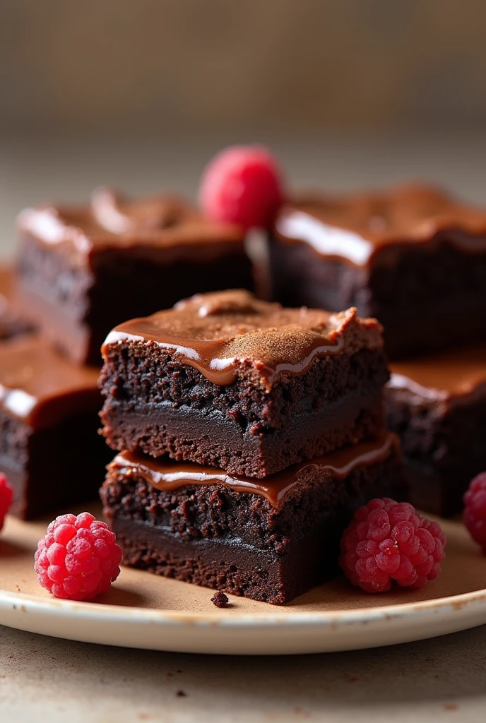 There are delicious chocolate brownies that are eye-catching, Cutes, with a shiny, crispy shell, that makes your mouth water and makes you want to eat it. The brownies are eye-catching. The image has a 360° view. The background of the image must be beautiful and organized..