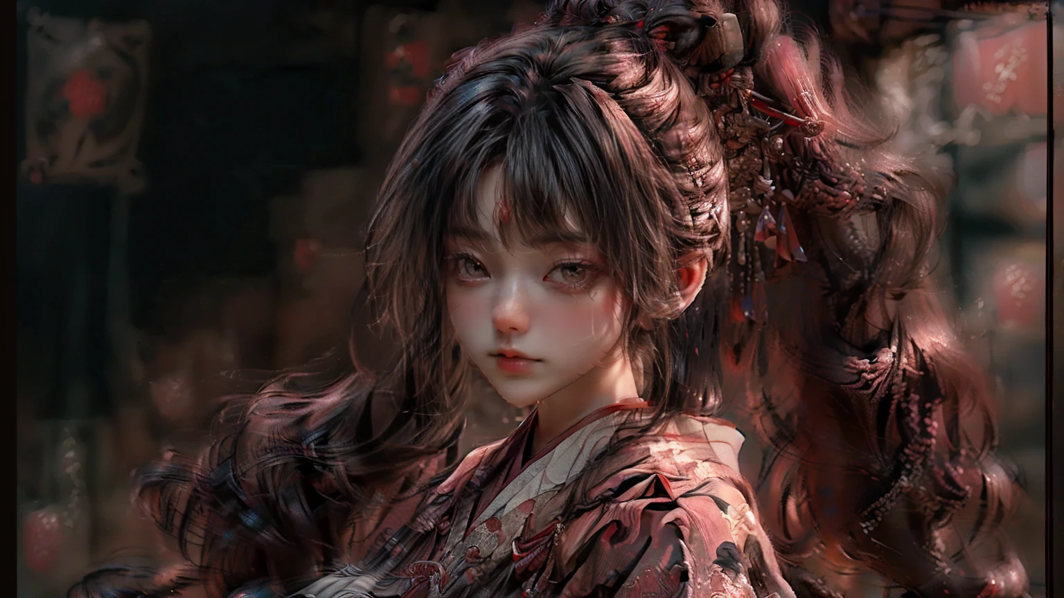 ((masterpiece, Top quality, high resolution, Reality, Raw, 8k wallpaper)), Queen of Hanfu, Heroes of the Three Kingdoms, (Hand holding a bow), She has long black hair tied back, Wearing armor,Wearing a red official hat, Enemies all around,In the background is a burning city,