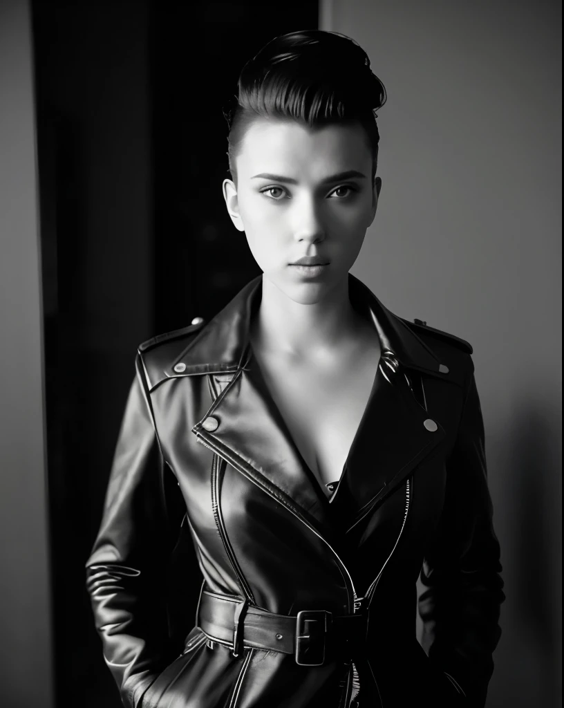 (masterpiece, best quality:1.2)
black and white image, Scarlett Johansson with a pompadour, portrait, leather jacket, Brightly Lit, Highly Visible, realistic dark colors, Analog Style, Kodak Max 400 Film, 20mm f/1.8 lens,Wide Angle Shot., Symmetrical Composition, dingy bar