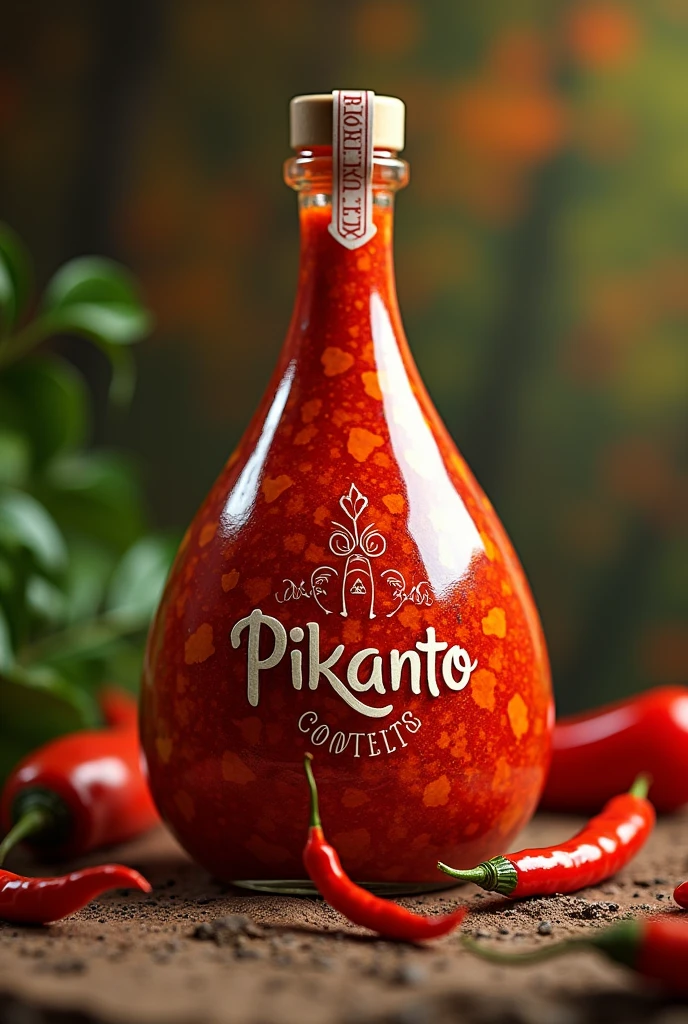 I would like you to create a biodegradable bottle that says the word PIKANTO and that can be distinguished as a product made from charapita chili, a traditional chili from Peru.. You could add some colored texture like marrocado.