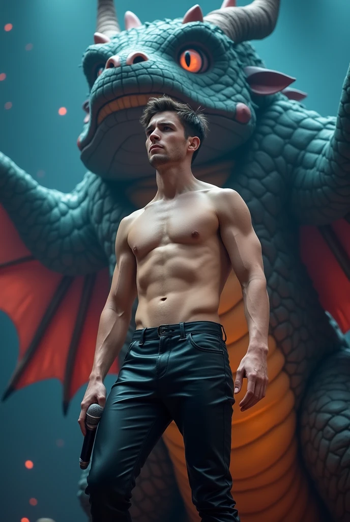 A young handsome beautiful slim shirtless white skin singer with microphone in hand black leather pants in a big realistic dragon costume behind with playful eyes