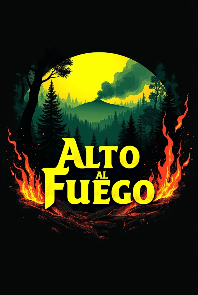 Logo with the name ALTO AL FUEGO with green, yellow and black colors in the center and a burning forest in the background with a fire color palette