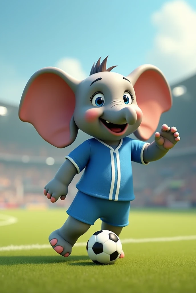 An animated elephant with a cute and friendly look is standing in a dynamic pose like a football player. The elephant holds a soccer ball with its trunk or one of its legs., and looks ready to kick it or pass it to another player. He is wearing a blue sports shirt with white vertical stripes., similar to football shirts. The background of the image is simple, or it could represent a football field. The scene conveys energy and fun, with the elephant showing enthusiasm for the game.