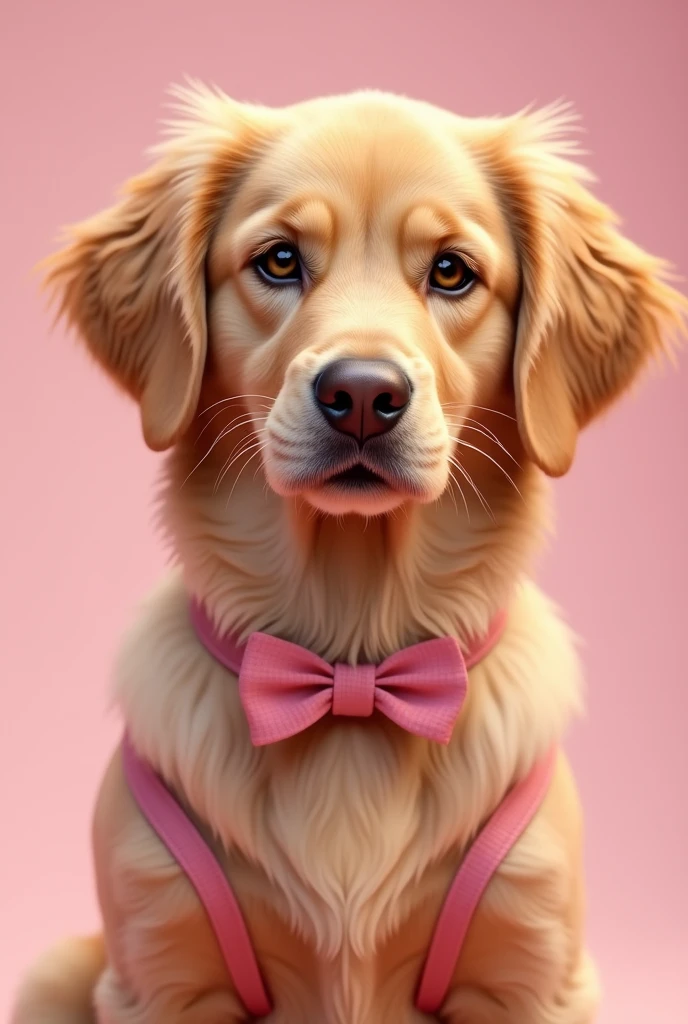A beautiful female Golden Retriever with honey-colored eyes and a brown snout, very preppy,with pink accessories